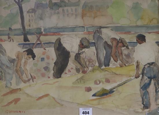 Reginald Gammon (1894-1997) Workman laying paving slabs 39.5 x 52.5cm
